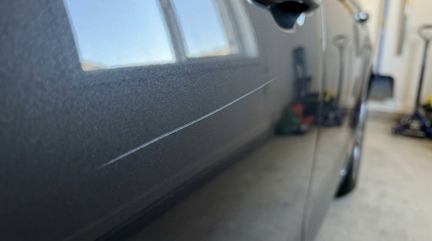 Fine scratch cut into the paint of a dark grey car door