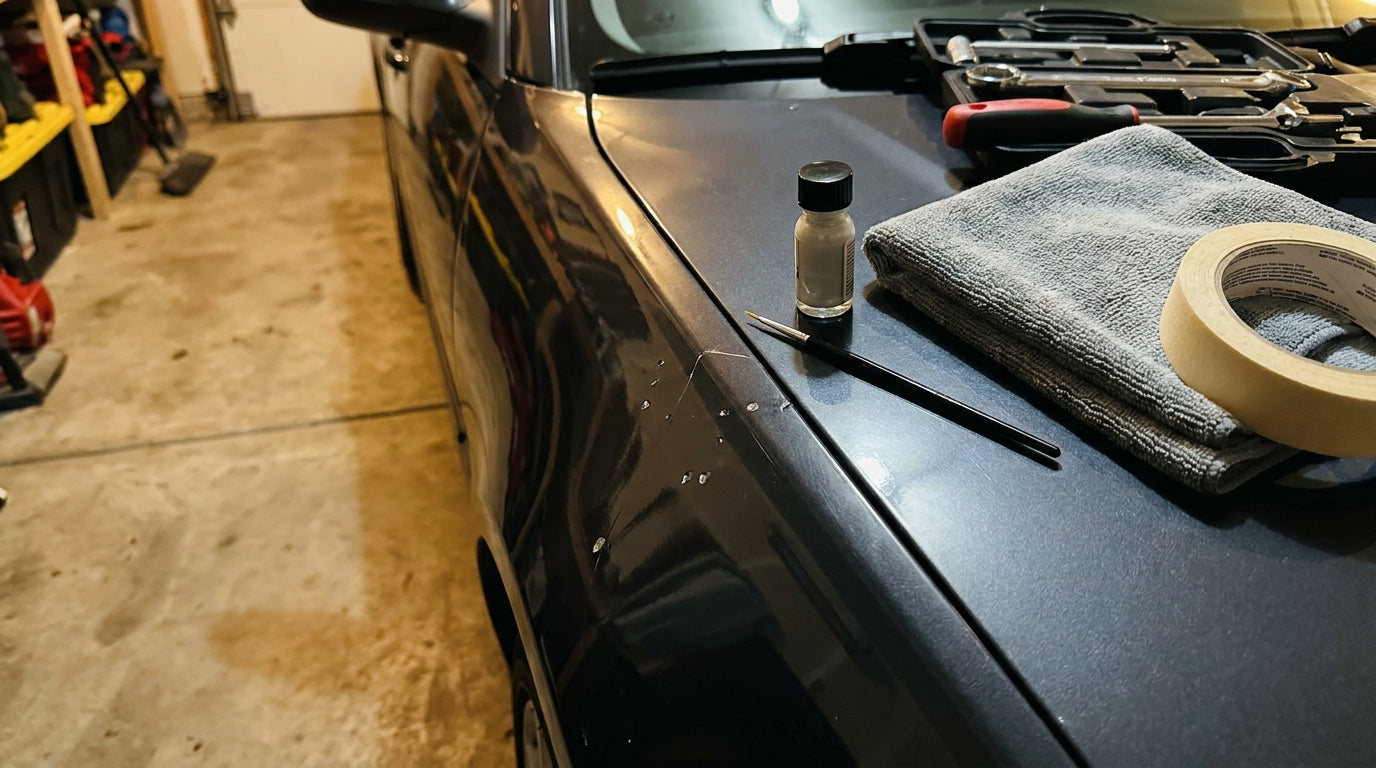 Touch-up paint bottle, brush and masking tape beside a chipped car panel in a home garage