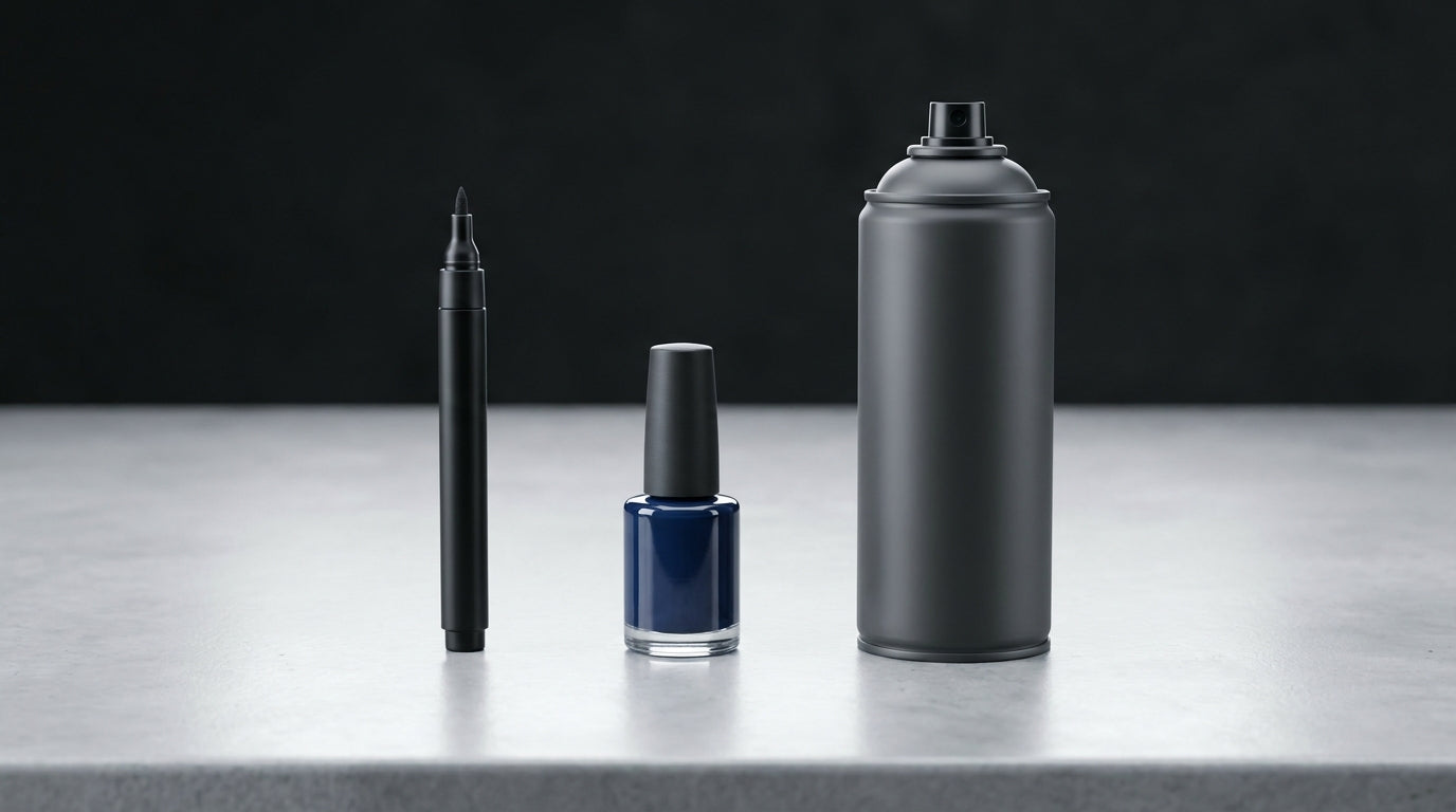 Touch-up pen, bottle and aerosol side by side